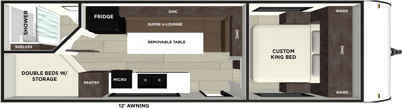 The Wildwood FSX 266BHLE floorplan has one entry and zero slide outs. Exterior features include: metal exterior and 12' awning. Interiors features include: bunk beds and front bedroom.